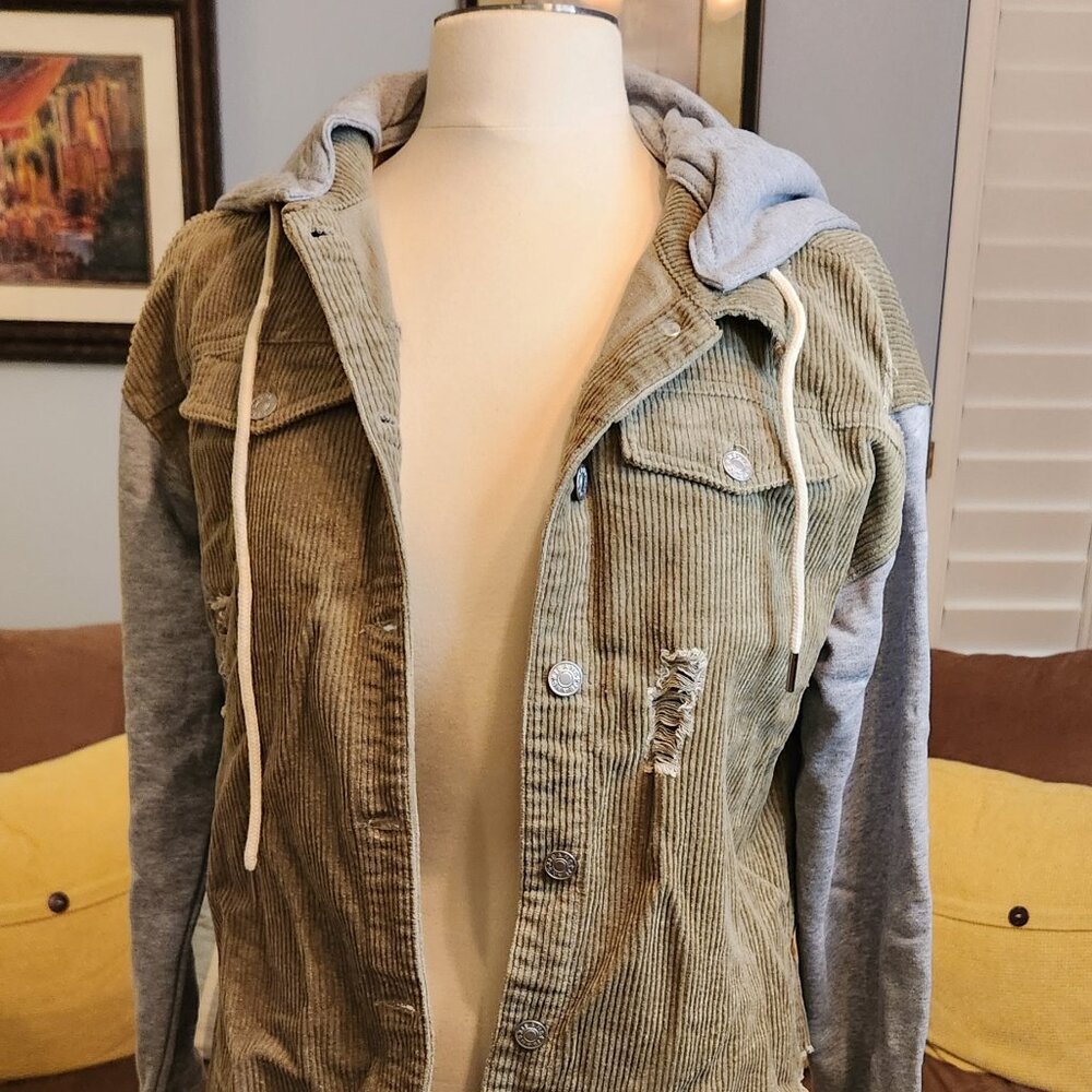 ODDY Hunter Green Distressed Corduroy Jacket with Hoodie and Pockets Medium